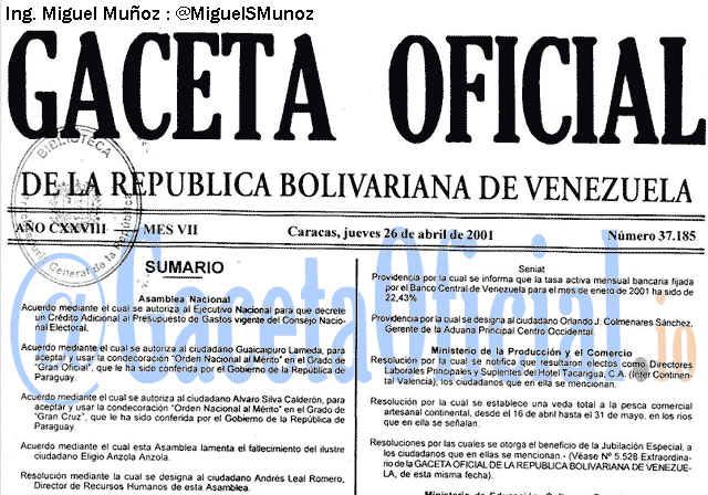 Gaceta Oficial 37185 del 26 Abril 2001