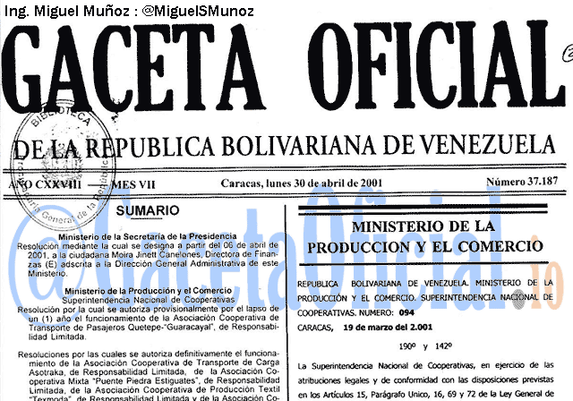 Gaceta Oficial 37187 del 30 Abril 2001