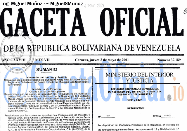 Gaceta Oficial 37189 del 3 Mayo 2001