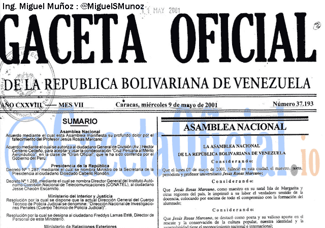 Gaceta Oficial 37193 del 9 Mayo 2001