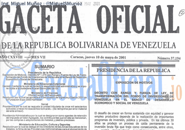 Gaceta Oficial 37194 del 10 Mayo 2001