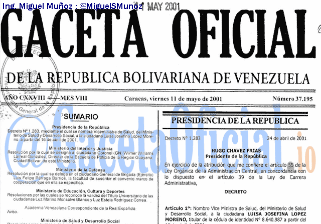Gaceta Oficial 37195 del 11 Mayo 2001
