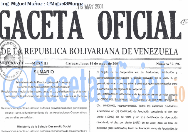 Gaceta Oficial 37196 del 14 Mayo 2001