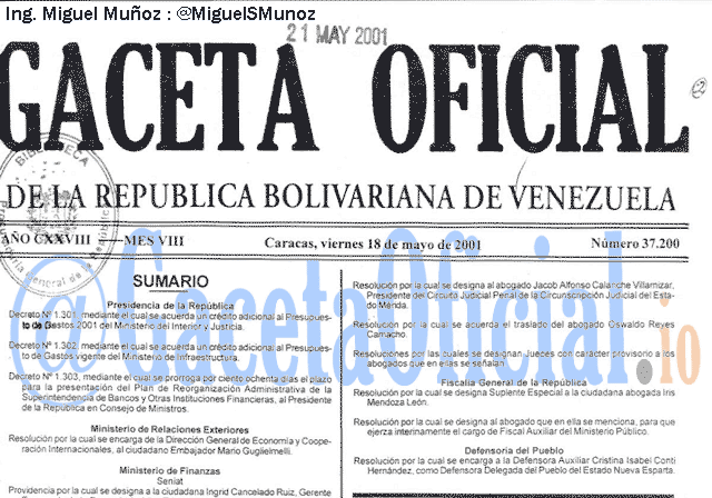 Gaceta Oficial 37200 del 18 Mayo 2001
