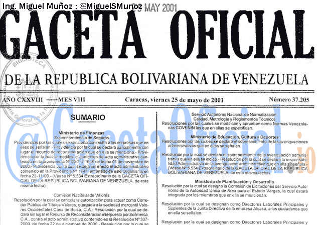 Gaceta Oficial 37205 del 25 Mayo 2001