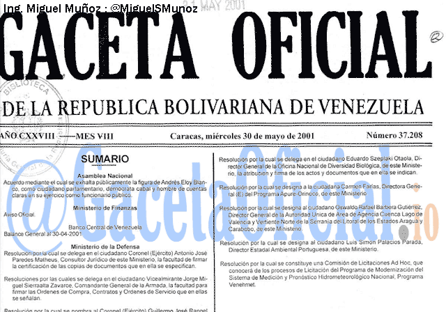 Gaceta Oficial 37208 del 30 Mayo 2001