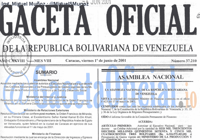 Gaceta Oficial 37210 del 1 Junio 2001