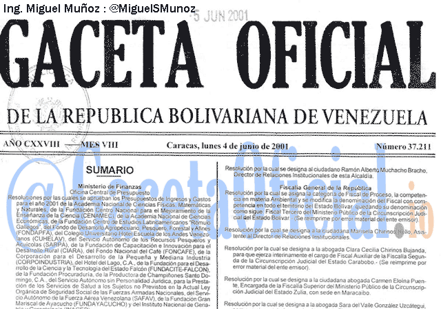 Gaceta Oficial 37211 del 4 Junio 2001