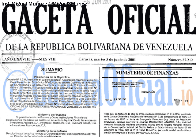 Gaceta Oficial 37212 del 5 Junio 2001