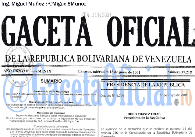 Gaceta Oficial 37218 del 13 Junio 2001