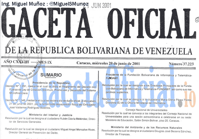 Gaceta Oficial 37223 del 20 Junio 2001
