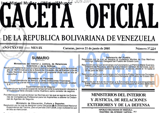 Gaceta Oficial 37224 del 21 Junio 2001
