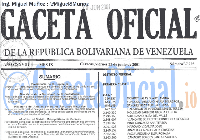 Gaceta Oficial 37225 del 22 Junio 2001