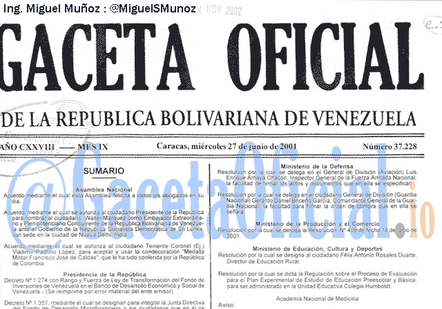 Gaceta Oficial 37228 del 27 Junio 2001
