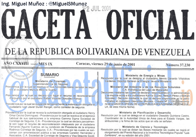 Gaceta Oficial 37230 del 29 Junio 2001