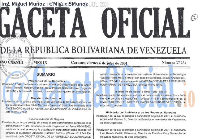 Gaceta Oficial 37234 del 6 Julio 2001