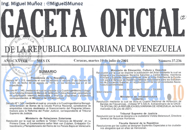 Gaceta Oficial 37236 del 10 Julio 2001