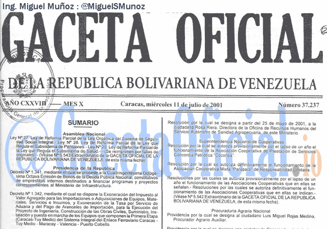 Gaceta Oficial 37237 del 11 Julio 2001
