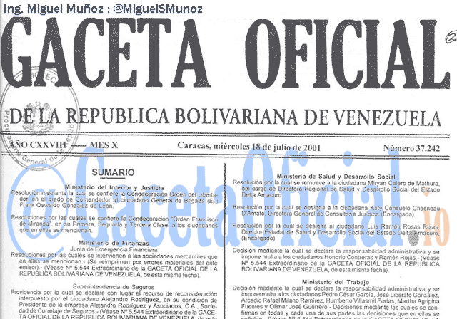 Gaceta Oficial 37242 del 18 Julio 2001