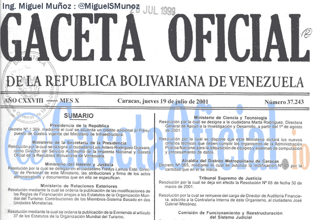 Gaceta Oficial 37243 del 19 Julio 2001