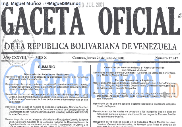 Gaceta Oficial 37247 del 26 Julio 2001