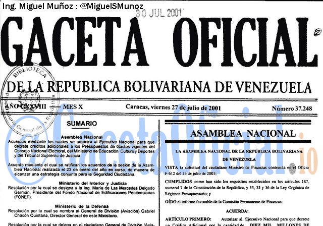 Gaceta Oficial 37248 del 27 Julio 2001