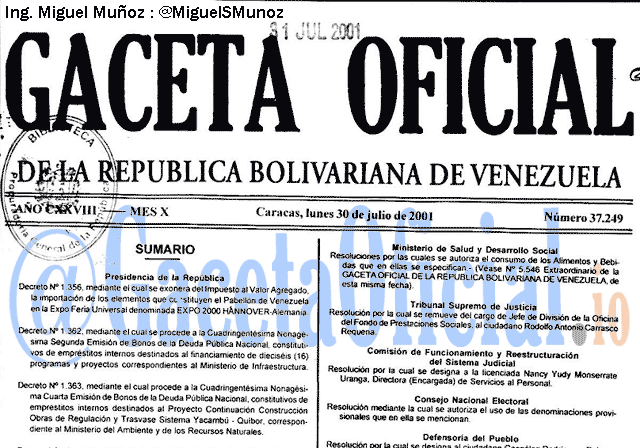 Gaceta Oficial 37249 del 30 Julio 2001