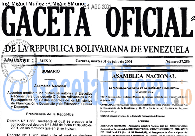 Gaceta Oficial 37250 del 31 Julio 2001