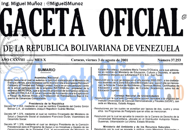 Gaceta Oficial 37253 del 3 Agosto 2001