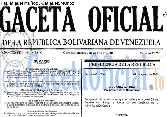 Gaceta Oficial 37255 del 7 Agosto 2001