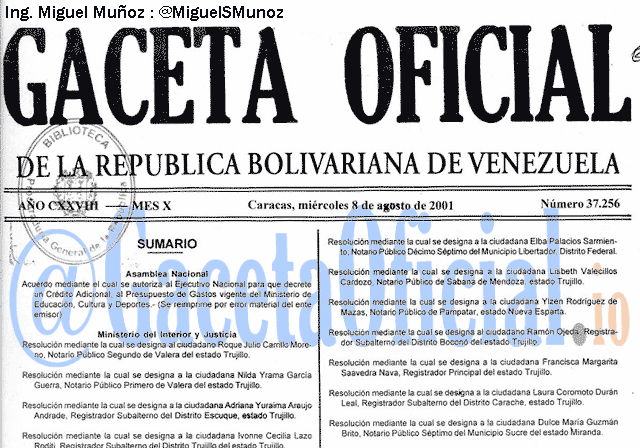 Gaceta Oficial 37256 del 8 Agosto 2001