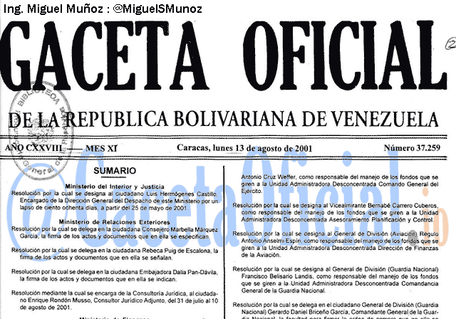 Gaceta Oficial 37259 del 13 Agosto 2001