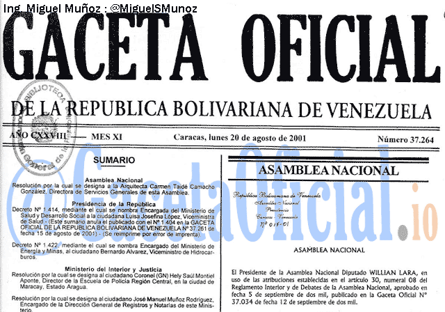 Gaceta Oficial 37264 del 20 Agosto 2001