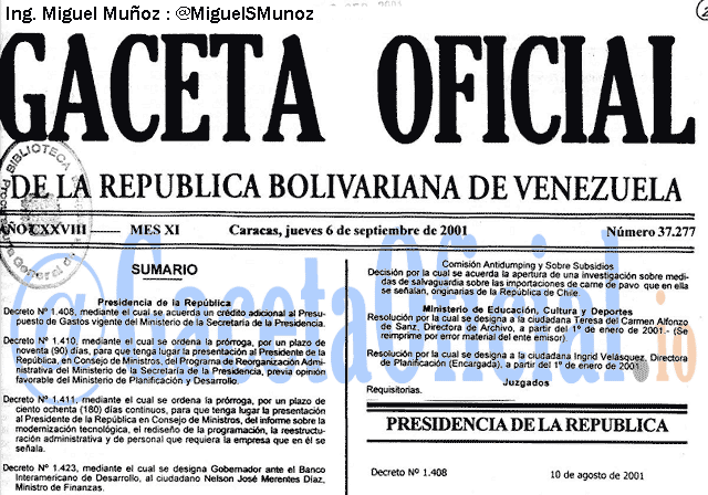 Gaceta Oficial 37277 del 6 Septiembre 2001