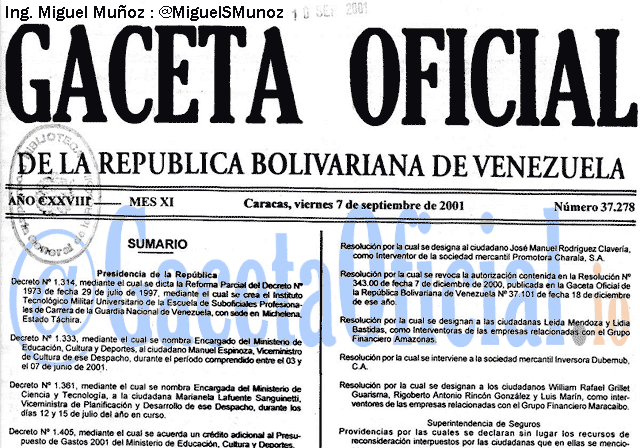 Gaceta Oficial 37278 del 7 Septiembre 2001