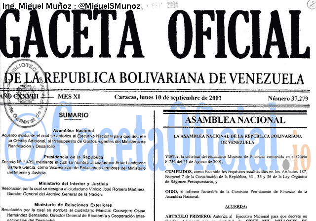 Gaceta Oficial 37279 del 10 Septiembre 2001
