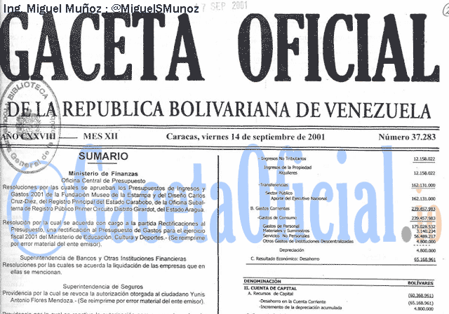 Gaceta Oficial 37283 del 14 Septiembre 2001