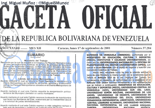 Gaceta Oficial 37284 del 17 Septiembre 2001