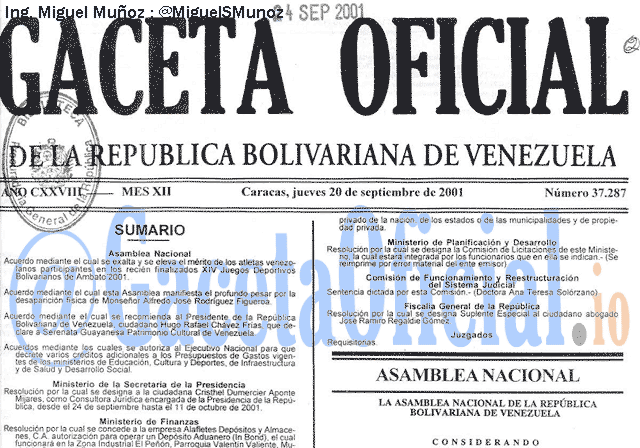 Gaceta Oficial 37287 del 20 Septiembre 2001
