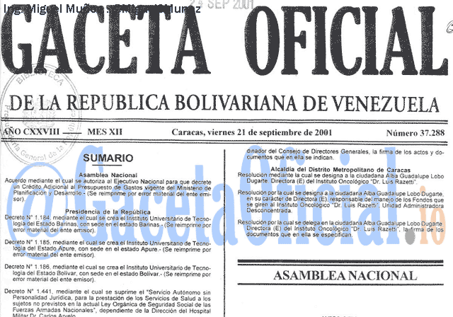 Gaceta Oficial 37288 del 21 Septiembre 2001