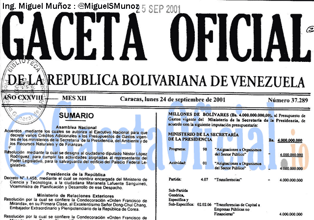 Gaceta Oficial 37289 del 24 Septiembre 2001