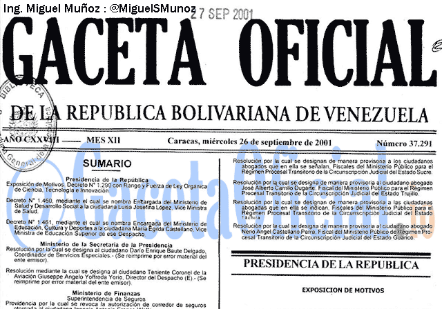 Gaceta Oficial 37291 del 26 Septiembre 2001