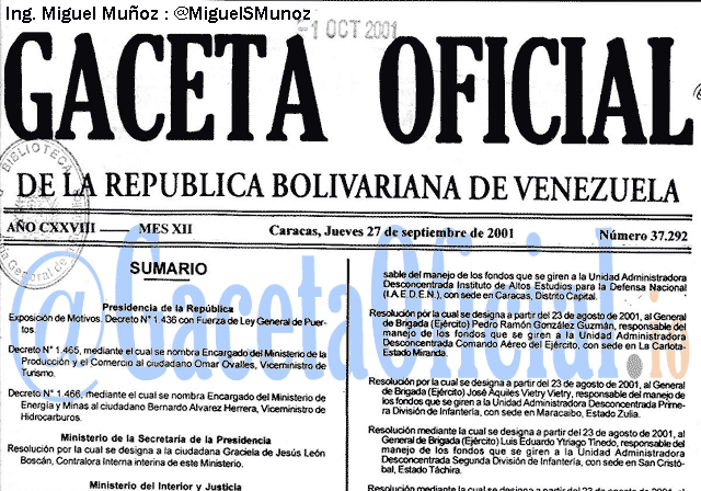 Gaceta Oficial 37292 del 27 Septiembre 2001