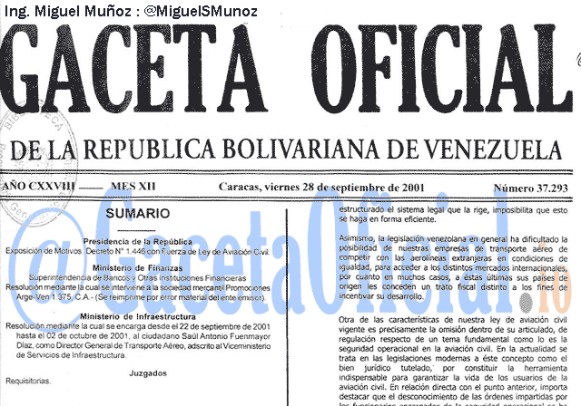 Gaceta Oficial 37293 del 28 Septiembre 2001