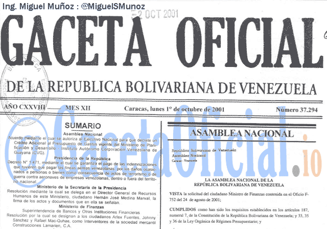 Gaceta Oficial 37294 del 1 Octubre 2001