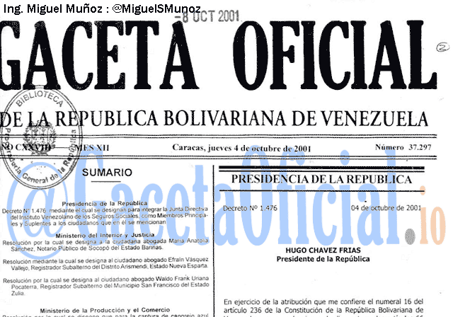 Gaceta Oficial 37297 del 4 Octubre 2001