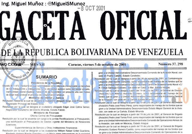 Gaceta Oficial 37298 del 5 Octubre 2001