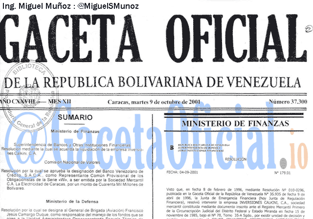 Gaceta Oficial 37300 del 9 Octubre 2001