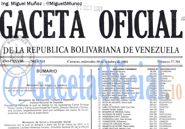 Gaceta Oficial 37301 del 10 Octubre 2001