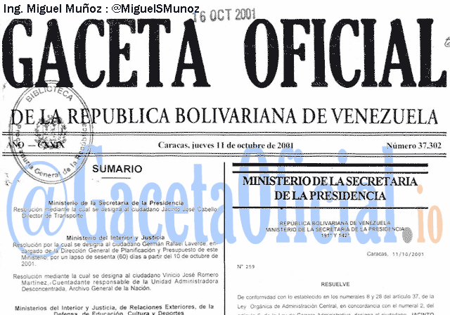 Gaceta Oficial 37302 del 11 Octubre 2001